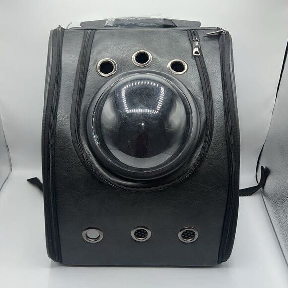 Dark Grey Vegan Leather Pet Carrier Backpack with Bubble Window - Picture 4 of 11
